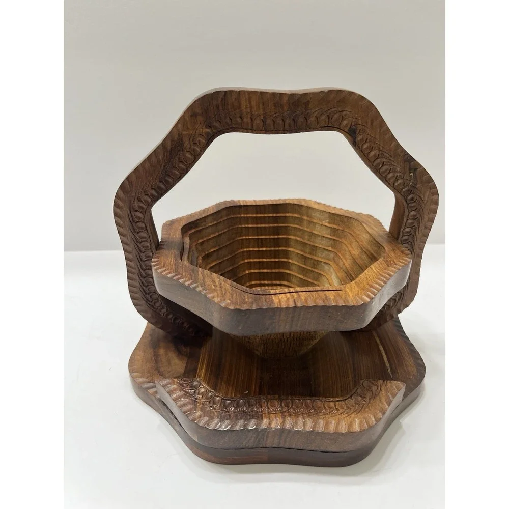 Vintage Wooden Collapsible Basket/Trivet Hand Carved Brown Flowers Fruit 6.5x6.5